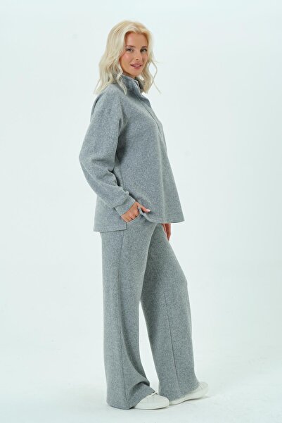 BUSA Maternity Adjustable Waist Elastic Band Wide Leg Collar Zippered Thessaloniki Suit Gray