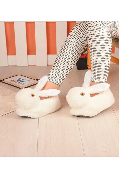 İpek Women's Plush Fluffy White Rabbit Slippers