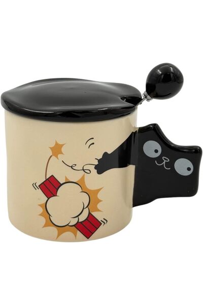 B&D Ceramic Cat-Handle Coffee Mug Set with Black Lid and Spoon - Beige & Black