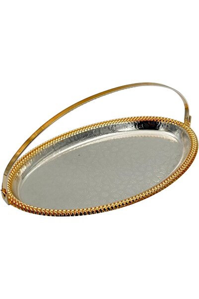 B&D B and D Decorative Oval Serving Tray — Silver Chrome with Gold Trim