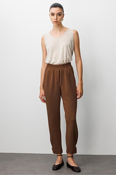 Moda İlgi Modailgi Beli Lastikli Yandan Cepli Paçası Apolet Ve Pile Detaylı Örme Pantolon - 15064 Kahve