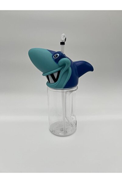 B&D Kids' shark-design water bottle with straw, blue & turquoise, transparent container