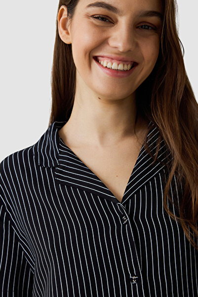 Penti Black Striped Shirt Collar Short Sleeve Pyjama Set