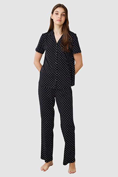 Penti Black Polka Dot Shirt Collar Short Sleeve Pyjama Set