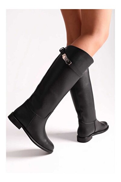 POTEEN Cizme lungi și elegante pentru călărețe Hermod pentru femei, cu detalii accesorii C311-Negru