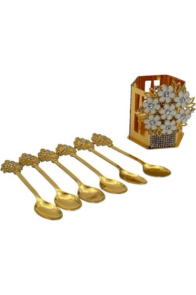 B&D Decorative Gold Floral Coffee Spoons Set with Crystal and White Enamel, 6-Piece