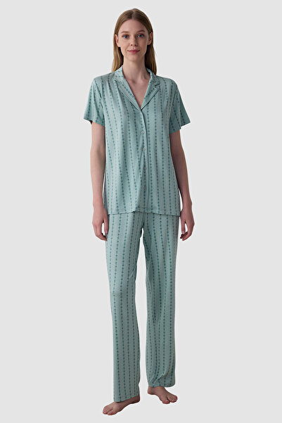 Penti Mint Green Lenna Striped Shirt Collar Pyjama Set