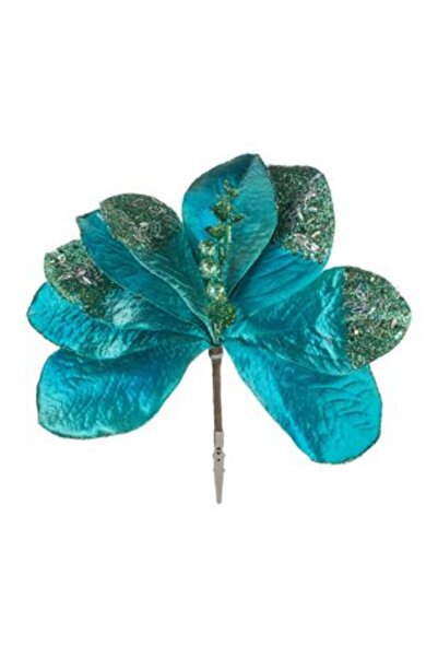 Jumbo Artificial Christmas Clip Flower - Magnolia Turquoise with Glitter and Sequins 20 cm