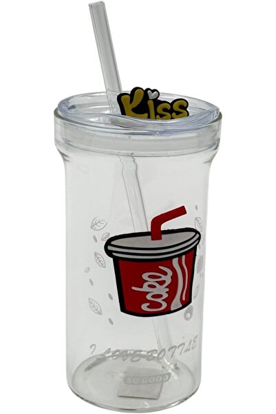 B&D Café-Style Glass Drinking Cup with Reusable Straw and Lid