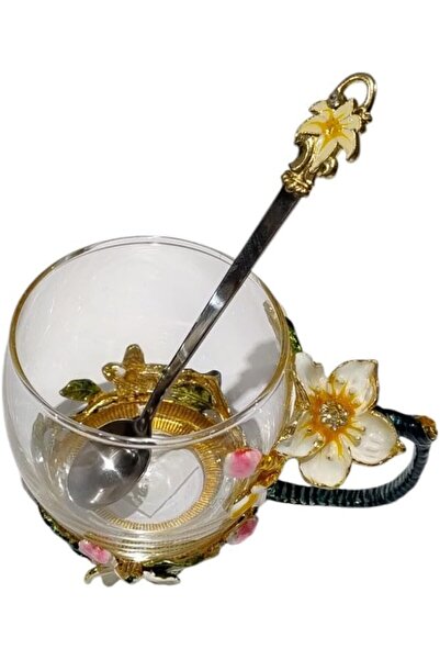 B&D Decorative Glass Tea Cup with Floral Design, Matching Spoon, Enamel-Coated Handle