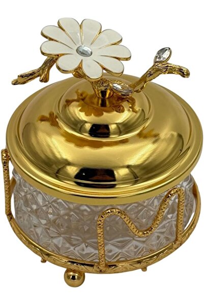 B&D Crystal Glass Decorative Jar with Gold Floral Lid, Diamond Pattern, Vinta...