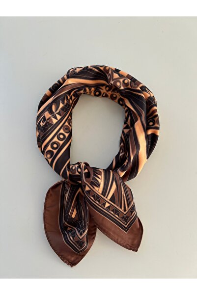 Whoknows Brown Dark Beige Patterned Scarf Bandana Women's Clothing Accessory 50X50