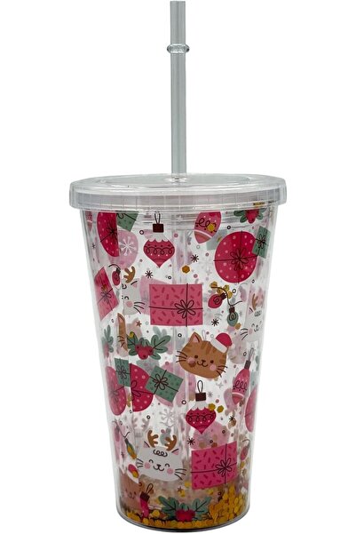 B&D Holiday Design Clear Plastic Cup with Straw, 450 ml - Festive Cat & Gift Pattern, Gold Base