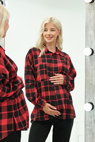 BUSA Maternity Long Sleeve Plaid Shirt Red
