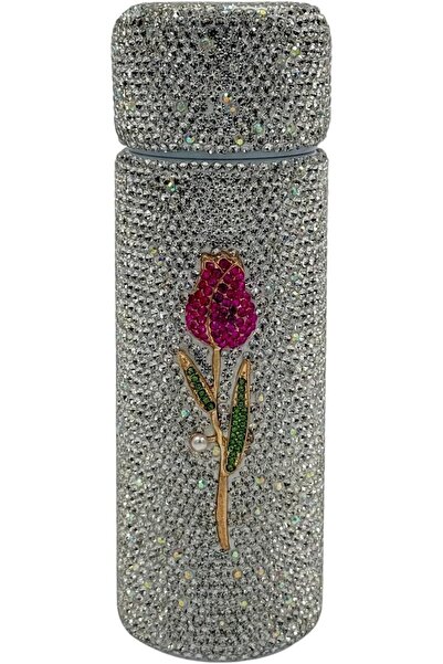 B&D Luxury Crystal Thermal Flask by banddtools — Shiny Silver with Red Rose Design, 150 ml