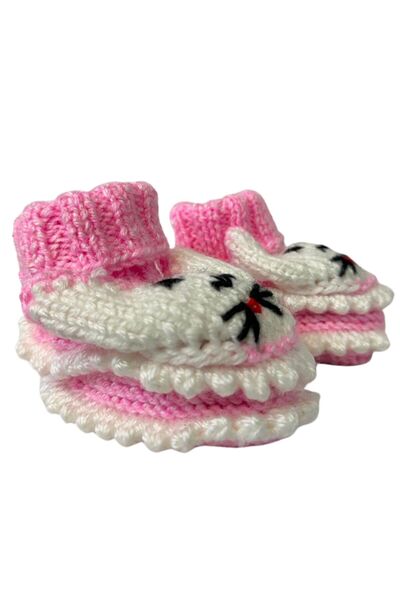 Uretti - Çiğdem 1390 1206 Hand Knitted Rabbit Patterned Pink Baby Booties / 12 - 24 Months