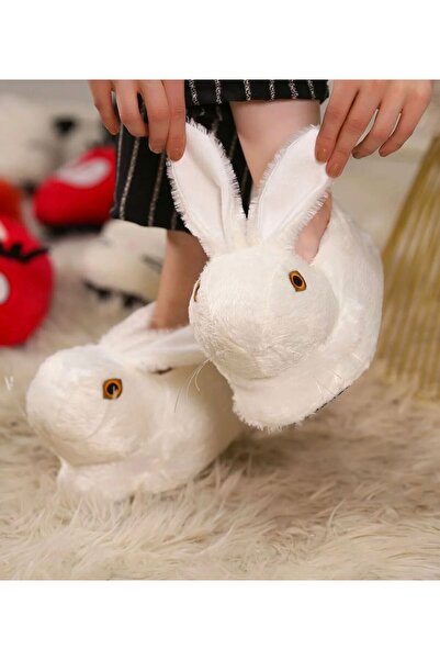 İpek Women's Plush Fluffy White Rabbit Slippers