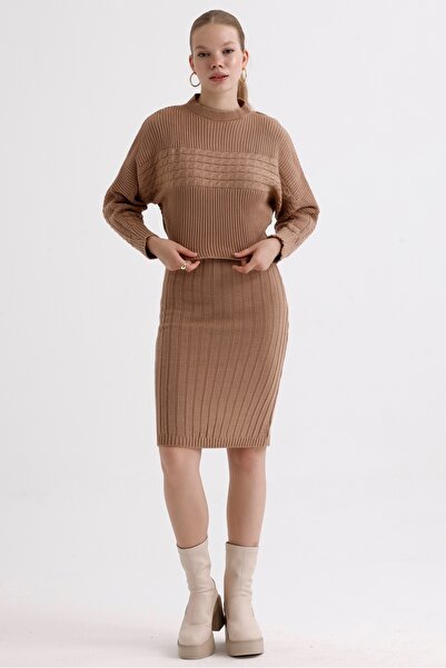MD trend Women's Double V-Neck Ribbed Midi Dress and Crop Sweater Double Knitwear Set