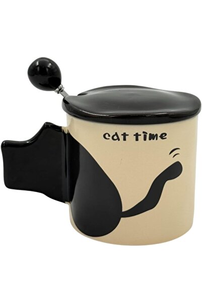 B&D Ceramic Cat-Handle Coffee Mug Set with Black Lid and Spoon - Beige & Black