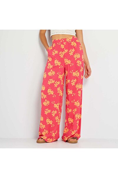 KİABİ بنطلون مطبوع واسع الساق بخصر مرتفع باللون الوردي