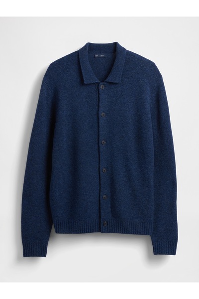 GAP Erkek Mavi Merino Yünü Karışımlı Hırka Kazak