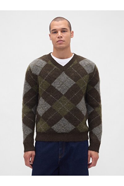 GAP Erkek Yeşil Brushed V Yaka Kazak