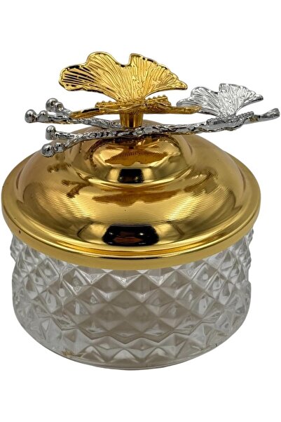 B&D Decorative Crystal Glass Jar with Gold Lid, Ginkgo Leaf Design, Diamond P...