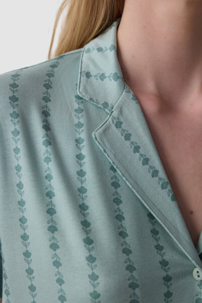 Penti Mint Green Lenna Striped Shirt Collar Pyjama Set