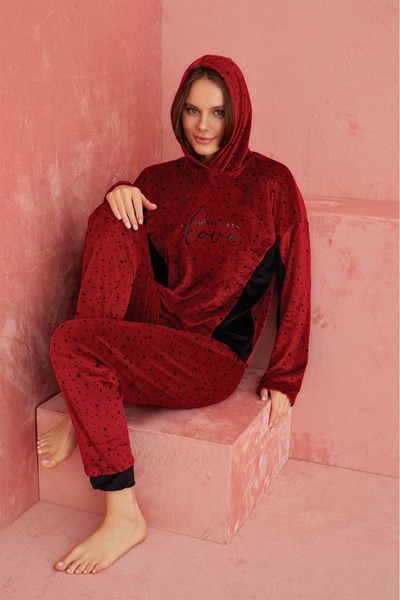 ELİTOL Velvet Love Star Patterned Hooded Piece Women's Home Set – Red