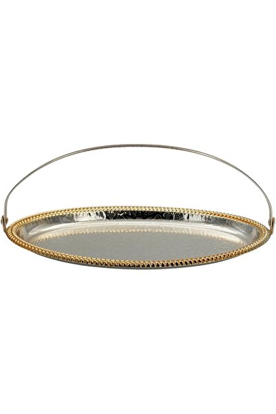 B&D B and D Decorative Oval Serving Tray — Silver Chrome with Gold Trim