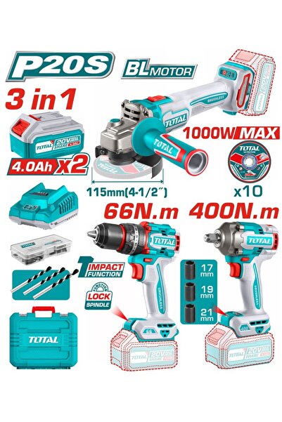 TOTAL Akülü Set 3'lü - Darbeli Matkap + Avuç Taşlama + Somun Sıkma + 2x4 Ah Set TOSLI241291E