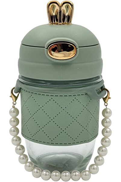 B&D banddtools Elegant Glass Cup with Straw, Padded Dark Green Leather Sleeve, Pearl Chain, Gold Crown L