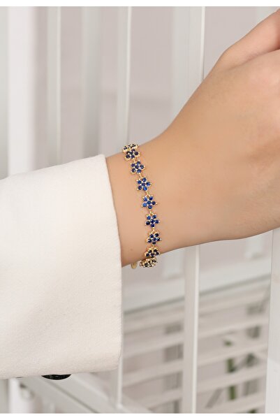 LİNOVE JEWELLERY Safir Gümüş Bileklik 925 Ayar Gümüş Üzeri Gold Kaplama Bilez...