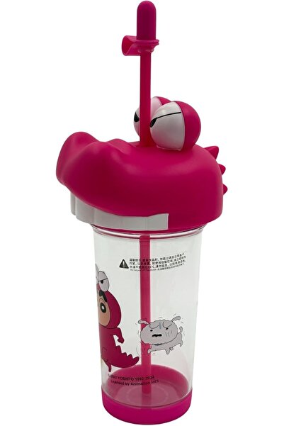 B&D Kids Cartoon Water Bottle with Straw, Pink, Transparent Plastic, 500 ml, Innovative Lid Design