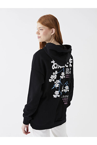 LC Waikiki XSIDE Черна дамска дебела качулка с големи размери и принт