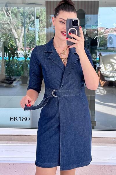 İnce Topuk Double-Breasted Collar Denim Dress 6K180