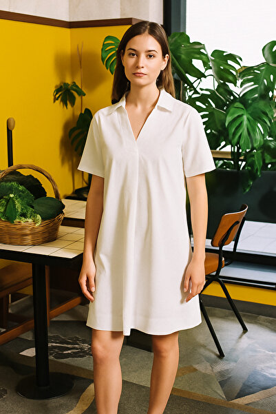 Allyco Rochie cămașă albă cu mâneci scurte cu decolteu în V