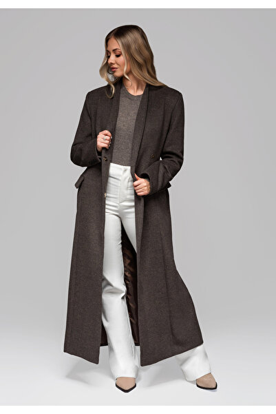 OMBRE Dámský dlouhý vlněný kabát LARICA OW-COLC-0102 v1 - hnědý