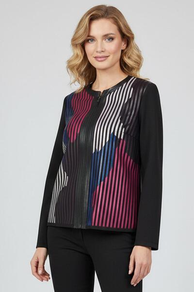 Deriderim Pink White Blue Lona Tulle Striped Leather Printed Women's Genuine Leather Jacket