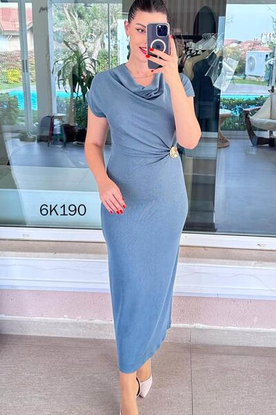 İnce Topuk Degaje Collar Buckled Ribbed Knit Dress 6K190