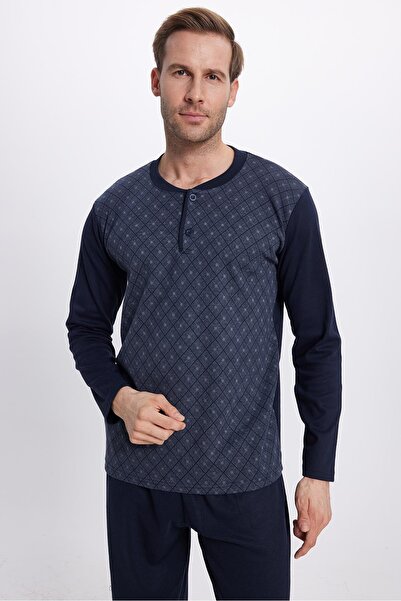 Tudors Men's regular fit cotton button-up collar elastic waist patterned pajama set