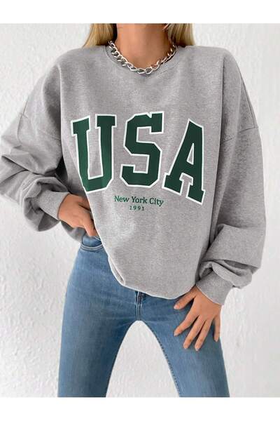 Miyalon Γυναικείο φούτερ με λαιμόκοψη oversized USA με τύπωμα