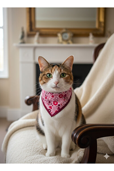 Pembe Desenli Üçgen Kedi Fular Bandana