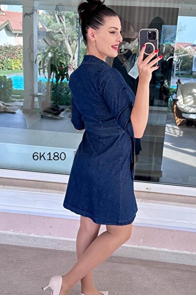 İnce Topuk Double-Breasted Collar Denim Dress 6K180