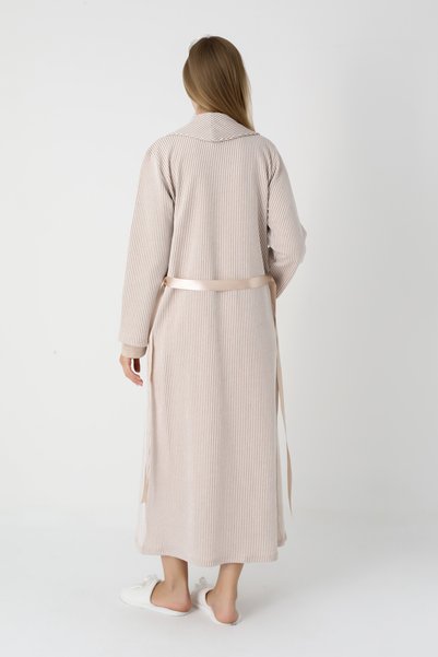 ERDENİZ TEKSTİL Maternity & Postpartum Nightgown and Robe Viscose Cotton Set / Jacquard Striped Long Robe
