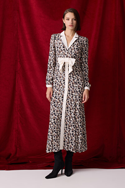 Jus De Pommes DESENLİ CEKET YAKA FİYONK DETAYLI MİDİ BOY ELBİSE