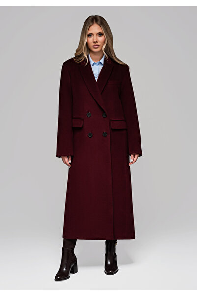 OMBRE Dámský dlouhý vlněný kabát LARICA OW-COLC-0100 v3 - bordó