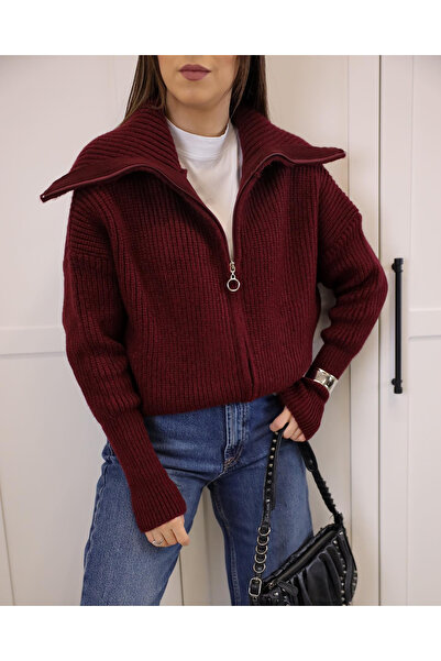 Nopen Knitwear Women's Burgundy Zippered Knitwear Cardigan