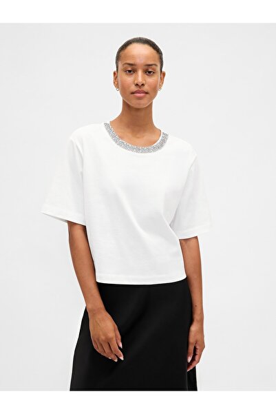 GAP Kadın Beyaz Heavyweight Mücevher Yaka Kısa T-Shirt