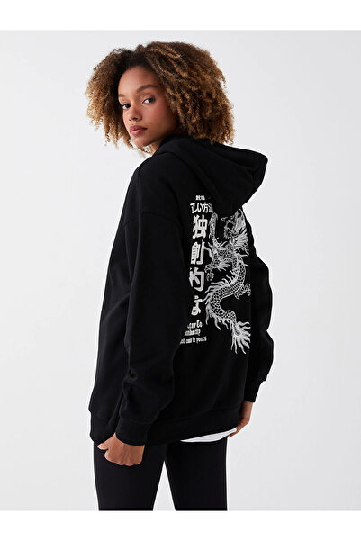 LC Waikiki Xside Black Printed Oversized Women's Thick Hoodie